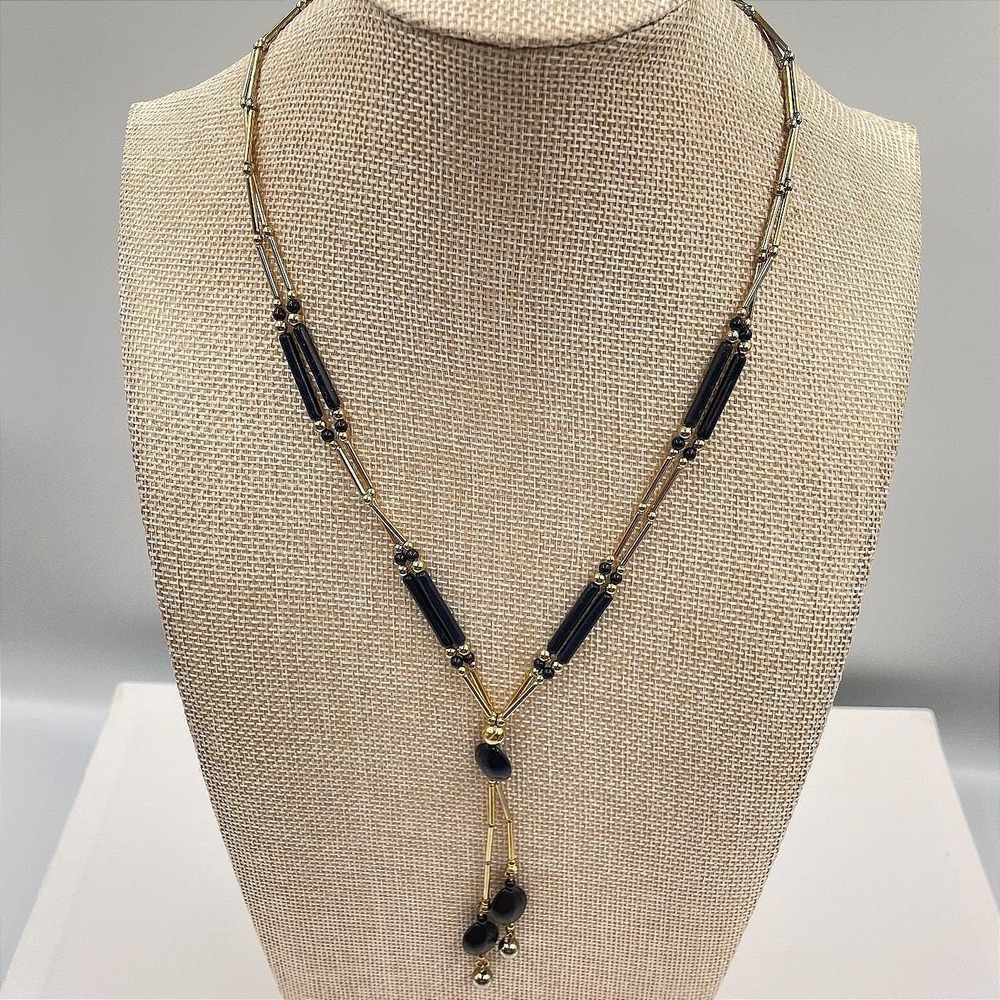 Vintage Black Gold Y Necklace Liquid Gold Tone Tube Bead Dangle Drop 19" Elegant